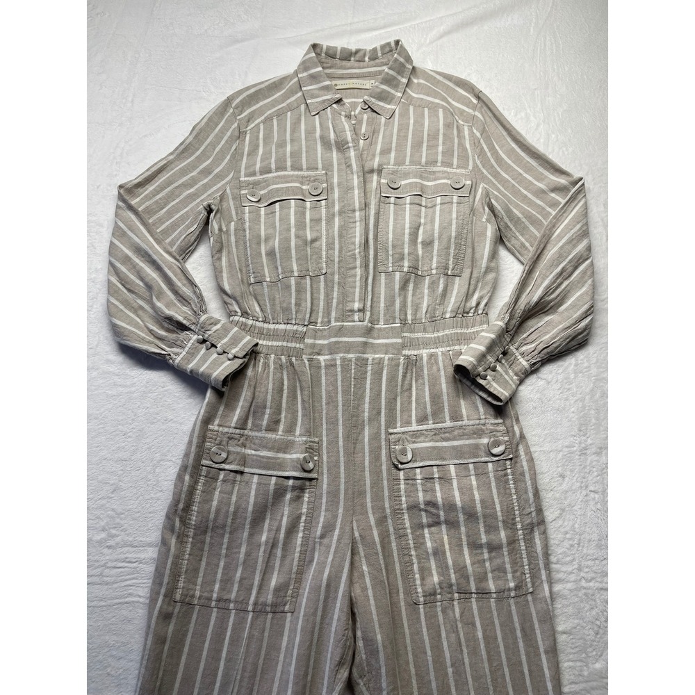 Happy X Nature Kate Hudson Jumpsuit M Gray White Stripe Linen Blend Utility